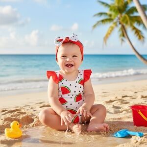 Baby Watermelon Ruffle Shoulder Headband One Piece Swimsuit Size 6-9 Mon…(70)